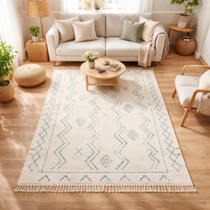 Tapis Manu crème et vert motif traditionnel berbère