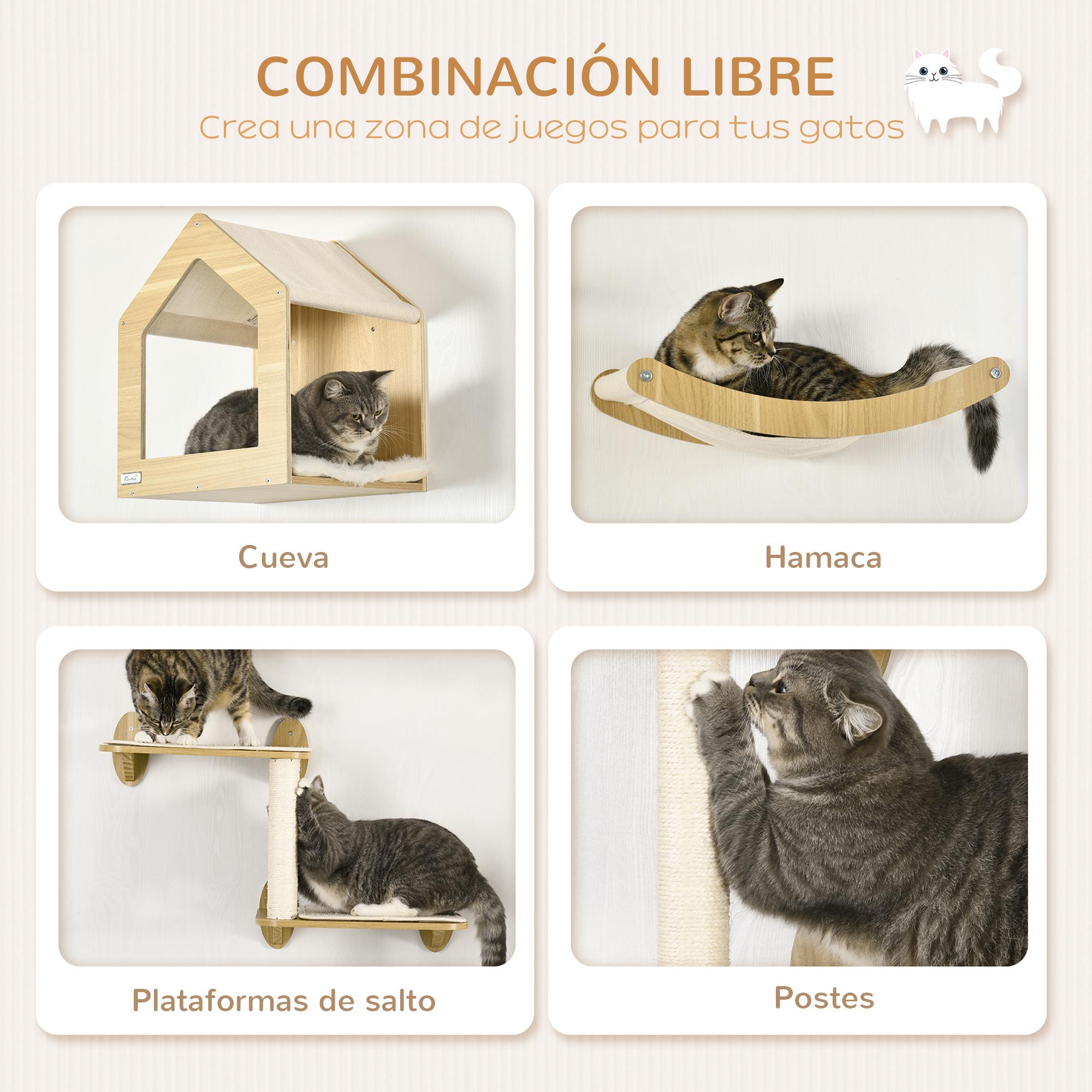 PawHut Estantes para Gatos 3 Piezas Juego de Estantes de Escalada para Gatos Muebles de Pared para Gatos con Caseta Hamaca Plataformas y Poste de Sisal Roble