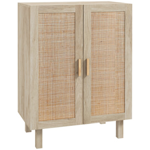 Buffet 2 portes 2 étagères réglables style bohème chic cannage en rotin panneaux aspect bois clair