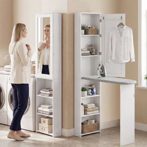 Mueble de Plancha con Espejo, Tabla de Planchar Plegable, Mueble Planchador con 6 Compartimentos, 2 Ganchos, para Espacios Reducidos, 107x35x174 cm, Blanco