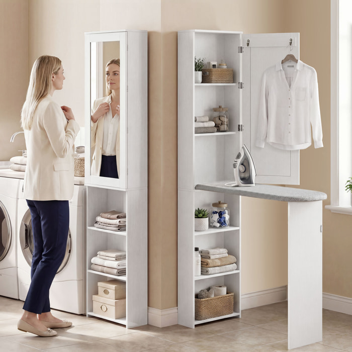 Mueble de Plancha con Espejo, Tabla de Planchar Plegable, Mueble Planchador con 6 Compartimentos, 2 Ganchos, para Espacios Reducidos, 107x35x174 cm, Blanco