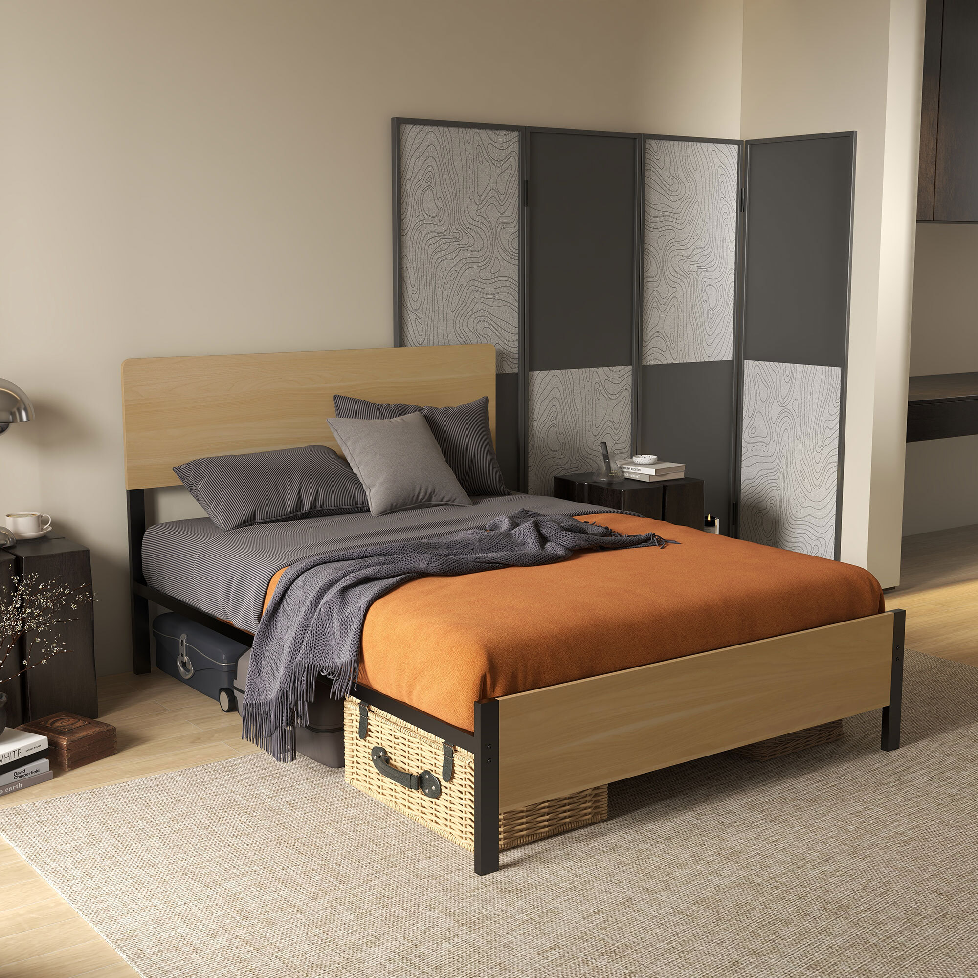 Lit double design industriel - tête de lit, pied de lit et sommier - compatible matelas 190L x 140l cm - acier noir aspect bois clair