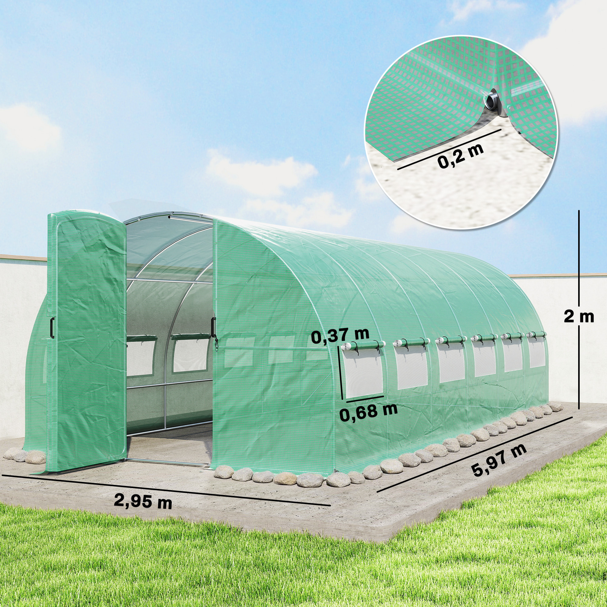Invernadero de Exterior 6x3x2 m, Invernadero de Túnel con Puerta con Bisagras, Ventanas de Malla, Cubierta PE 140g/m² y Marco de Acero Galvanizado, Anti-UV, Impermeable, para Cultivos, Verde