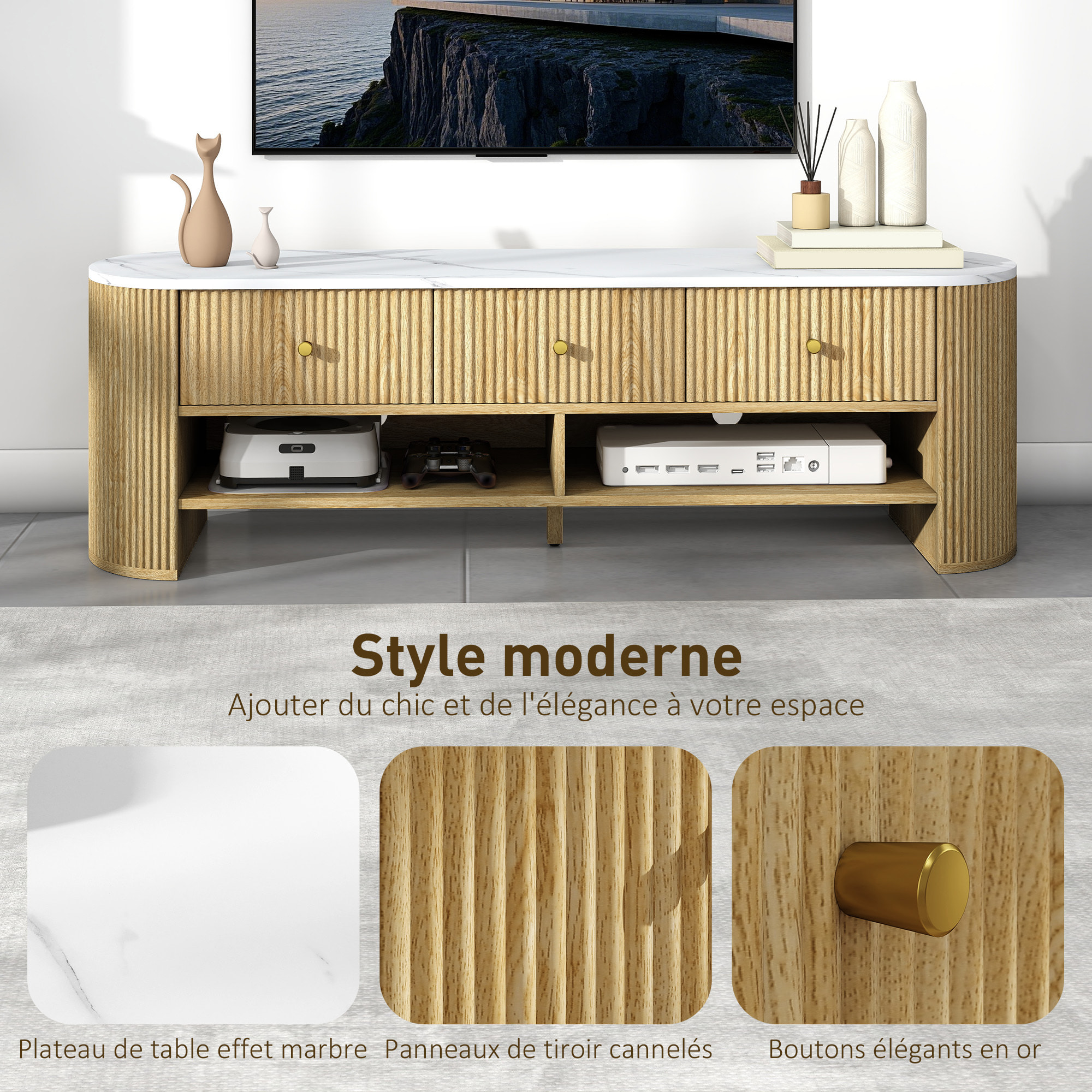 Meuble TV design ovale effet marbre blanc 140 x 40 x 43 cm 3 tiroirs 2 niches aspect bois clair