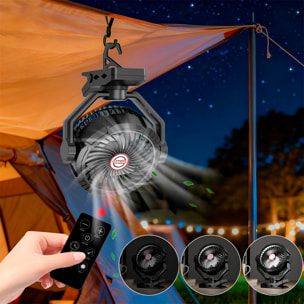 Ventilador S01 con motor sin escobillas, LED con 8 luces, 4 velocidades, 3 niveles de luz y temporizador. Ángulo ajustable de 180º con oscilación, gancho/pinza para colgar y powerbank de 10400 mAh.