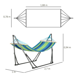 Hamaca con Soporte Plegable 2 en 1, Tendedero con Barra, Estructura de Acero, Hamaca de Camping Portátil de Algodón, Carga 120 kg, para Jardín, Patio, Terraza, 270x100x94 cm, Azul y Verde