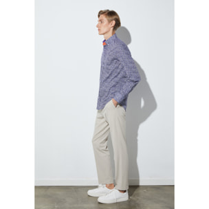 Camicia Uomo 1 Bottoni Button Down Slim Popeline Stampato Bianco/Bluette