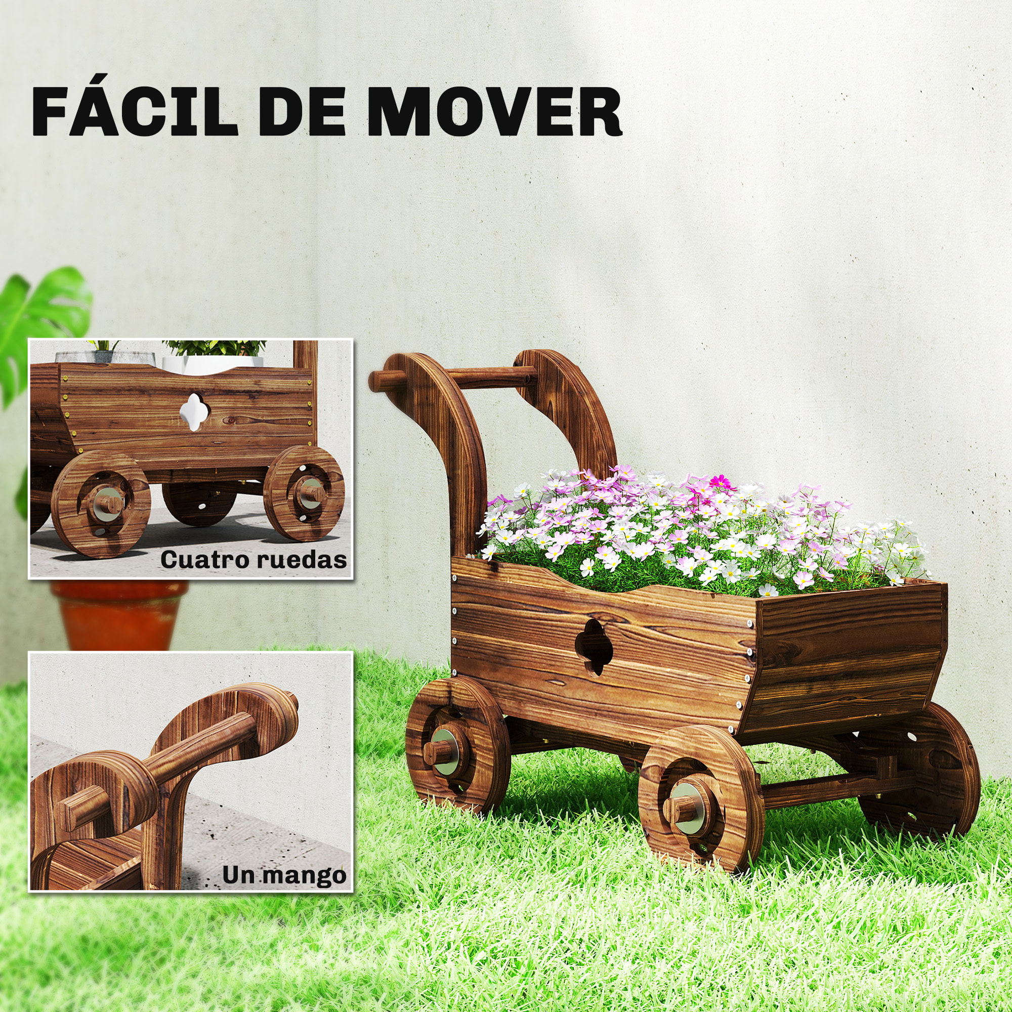 Carretilla de Madera Decorativa, Jardinera Elevada con 4 Ruedas, Asa, Orificios de Drenaje, Macetero Exterior para Cultivos de Plantas, Flores en Terraza, Jardín, 68x38x52 cm, Carbonizado