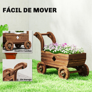 Carretilla de Madera Decorativa, Jardinera Elevada con 4 Ruedas, Asa, Orificios de Drenaje, Macetero Exterior para Cultivos de Plantas, Flores en Terraza, Jardín, 68x38x52 cm, Carbonizado