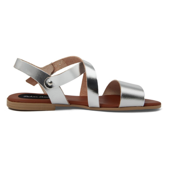 Sandali Flat Made in Italy in pelle colore Argentato, Altezza tacco 1,2 cm