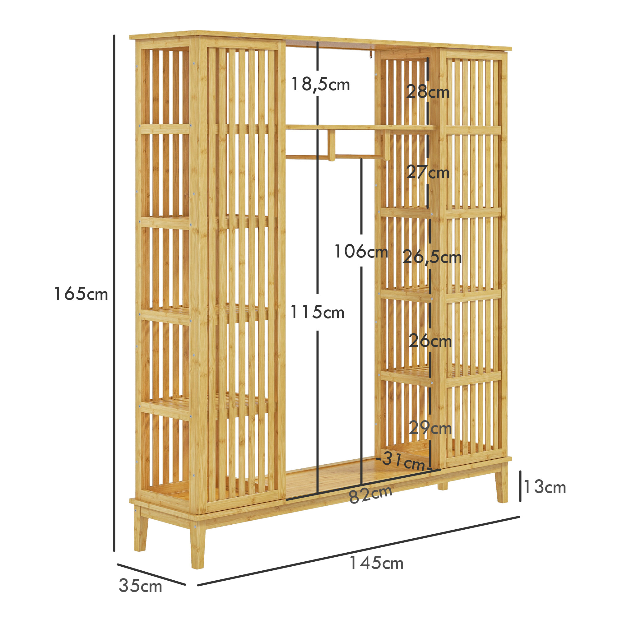 Armoire penderie en bambou - 2 portes coulissantes, 7 étagères, 2 barres - dim. 145L x 35l x 165Hcm