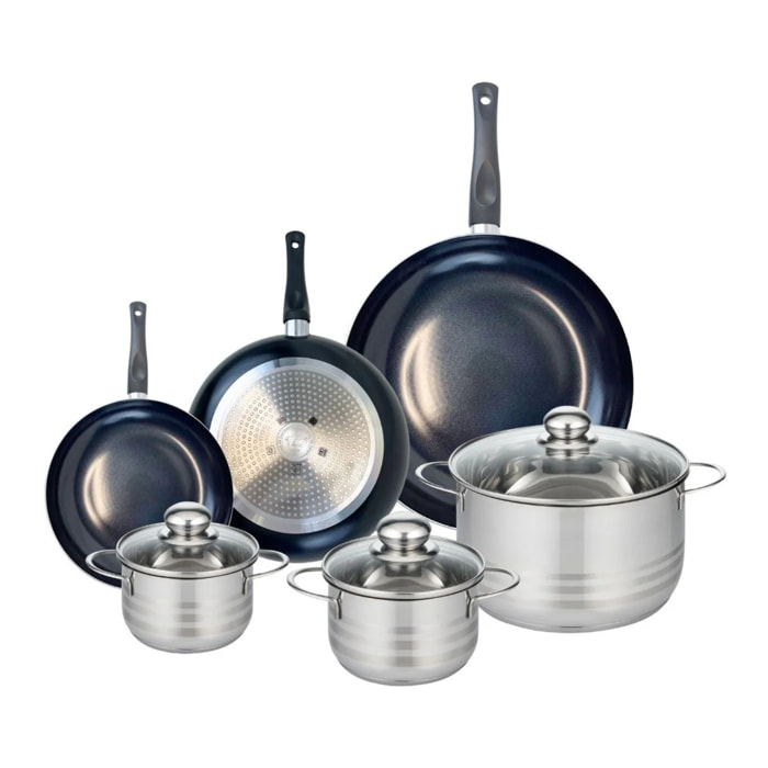 Ensemble de 3 Poêles de cuisson 20, 24 et 32 cm et 3 faitouts 14, 16 et 24 cm Elo Prima Brillant