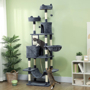 Rascador para Gatos Grande Altura 206 cm Árbol para Gatos Torre de Escalera con Plataformas Cuevas Bolas Colgantes y Hamacas Gris Oscuro