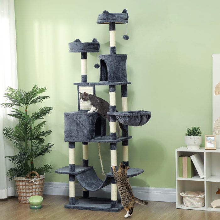 Rascador para Gatos Grande Altura 206 cm Árbol para Gatos Torre de Escalera con Plataformas Cuevas Bolas Colgantes y Hamacas Gris Oscuro