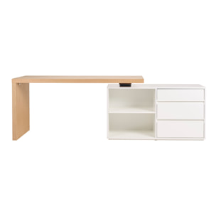 Bureau modulable design blanc brillant et bois clair frêne L160-235 cm NEW MAX