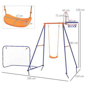 Columpio Infantil 3 en 1 Columpio para Niños de 3-8 Años con Canasta y Portería de Fútbol Desmontable Marco de Acero Carga 45 kg para Exterior Multicolor