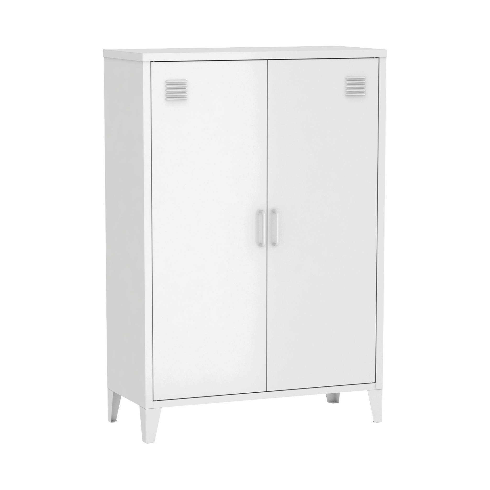 Commode/armoire en métal blanc. 2 espaces de rangement. casiers