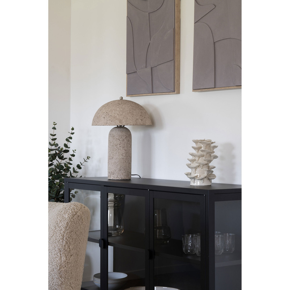 Scultura decorativa in gres beige a forma di funghi sovrapposti 18×15×24 cm