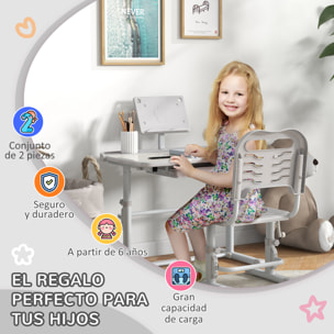 Juego de Escritorio y Silla para Niños de 6-12 Años Pupitre Infantil Altura Ajustable con 1 Cajón 1 Estante para Libros y Ángulo de Mesa Ajustable 80x49,5x82-104 cm Gris y Blanco