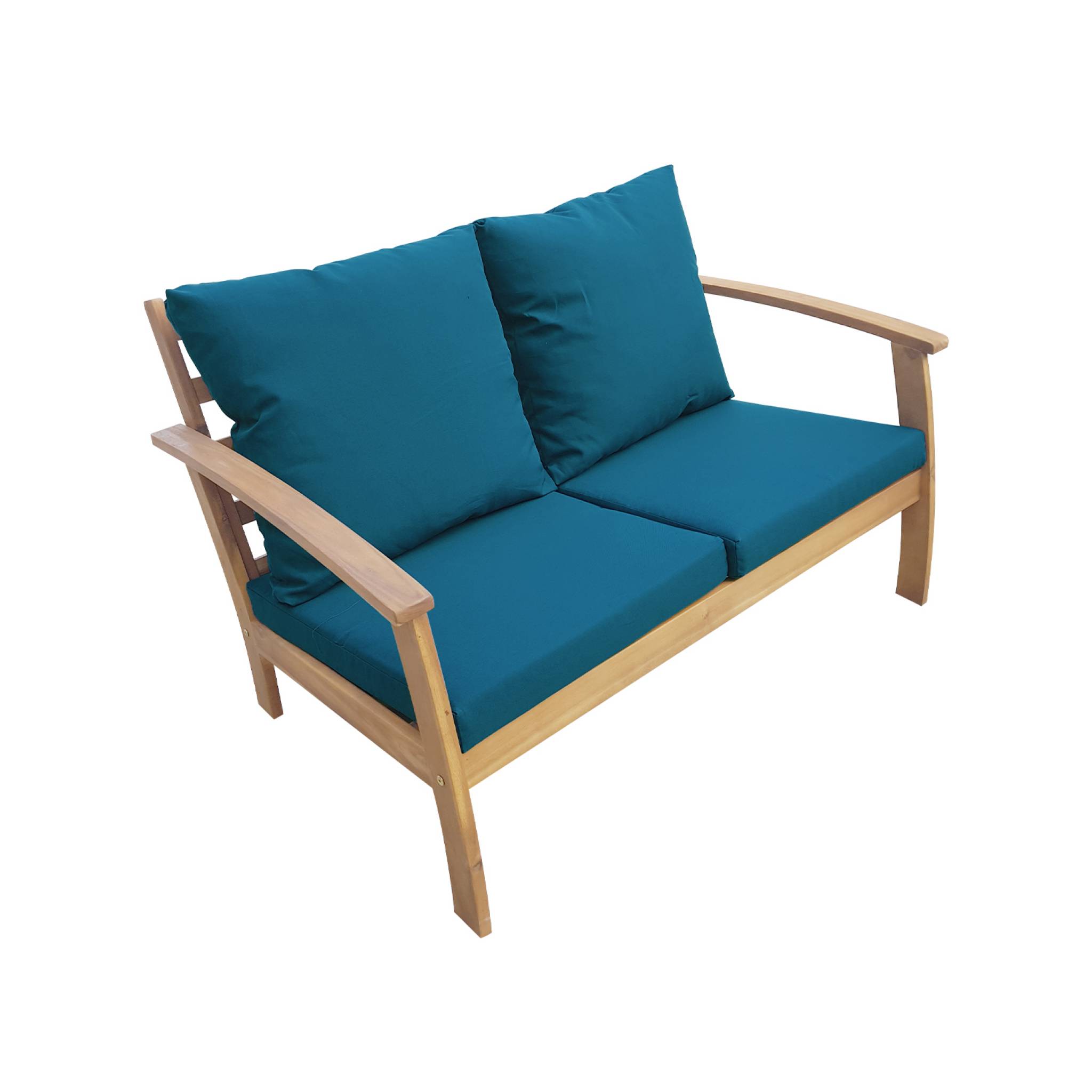 Salon de jardin en bois 4 places - Ushuaïa - Coussins bleu canard. canapé. fauteuils et table basse en acacia. design