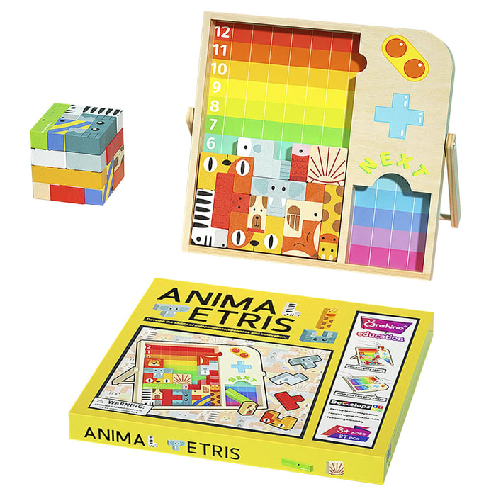 Animal Tetris per bambini, con tavola e pezzi di legno. Include cubo puzzle e 4 giochi per 2 giocatori.