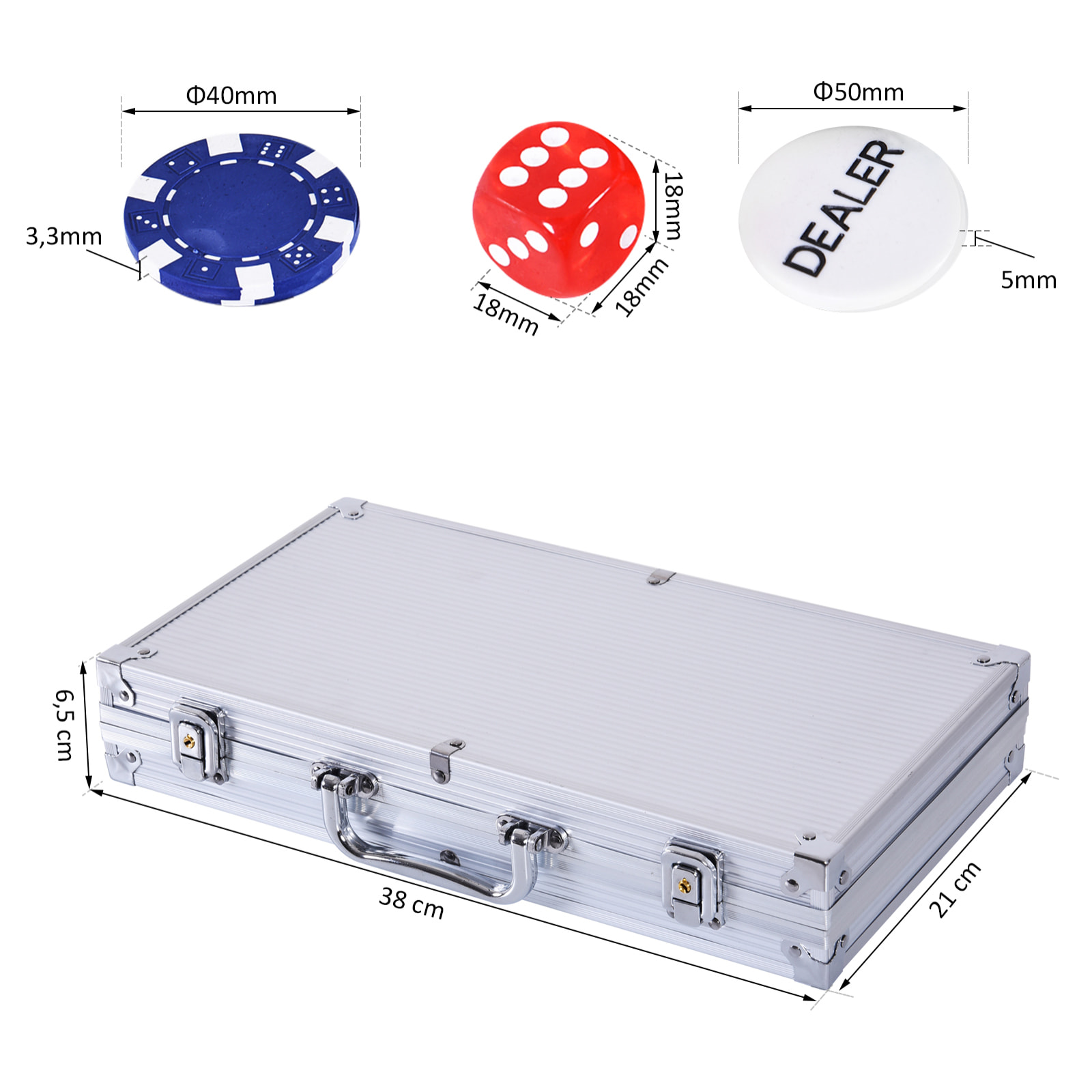 Mallette pro de poker coffret pro poker 38L x 21l x 6,5H cm 300 jetons 2 jeux de cartes + 2 clés aluminium