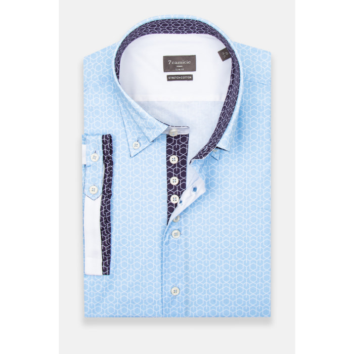 Camicia Uomo Manica Corta 2 Bottoni Button Down 7 Botto Popeline Stretch Stampato Celeste/Bianco