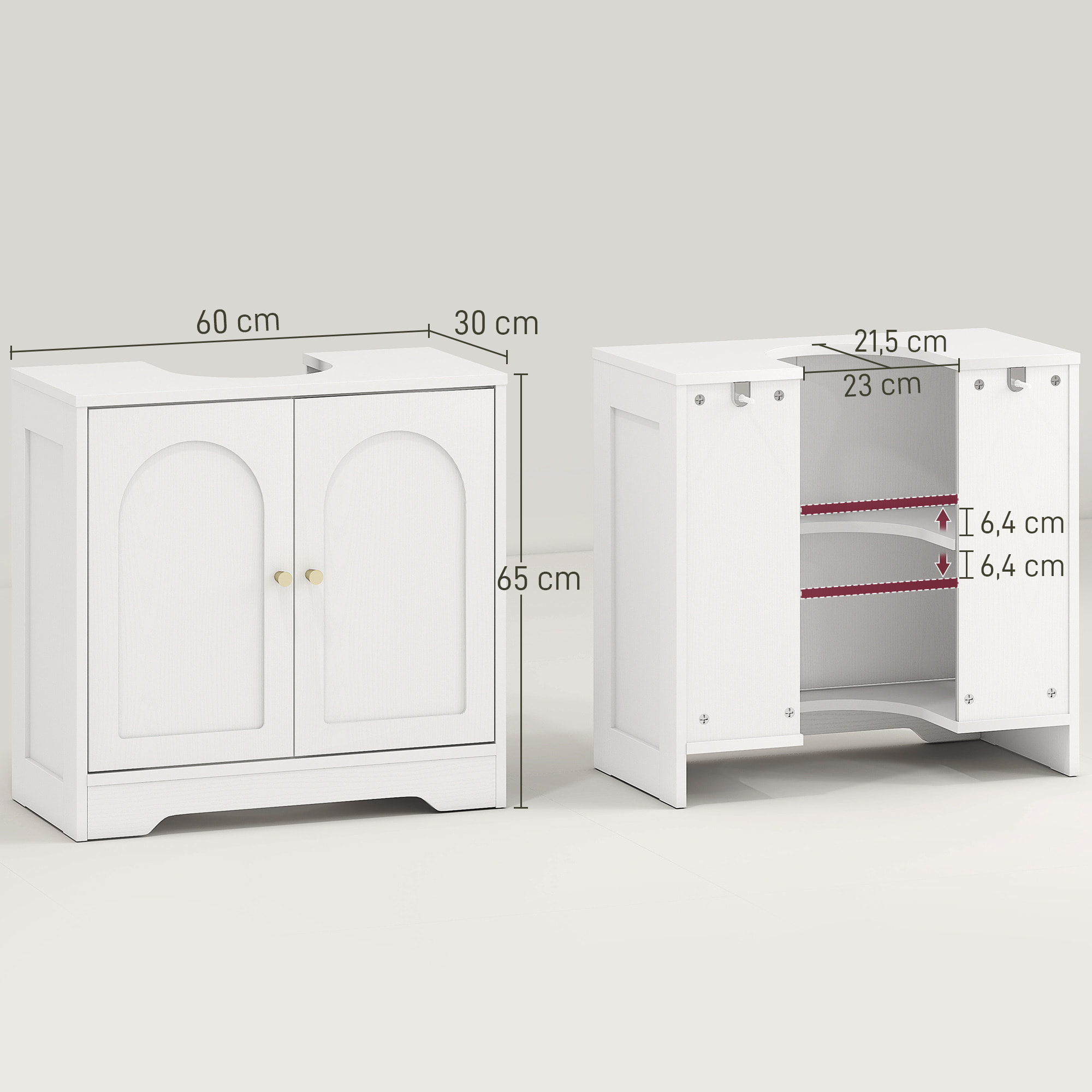 Mueble bajo Lavabo Mueble de Baño con 2 Puertas con Diseño de Arco Estante Ajustable Tiradores Dorados para Lavabo con o sin Pedestal 60x30x65 cm Blanco