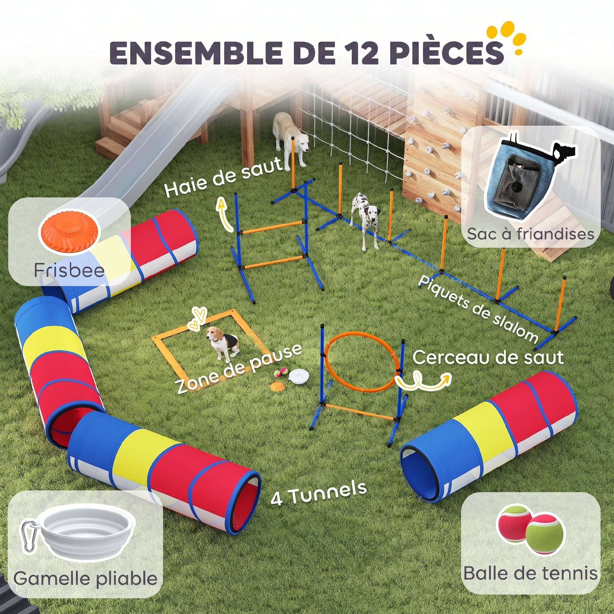 Kit agilité chien 12 pièces 4 tunnels sauts ajustables anneau slaloms frisbee balle et autres