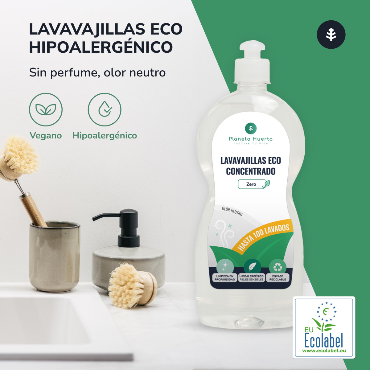 PLANETA HUERTO | Lavavajillas Manual Hipoalergénico Sin Perfume Eco 750ml - Eficacia y Respeto por la Piel