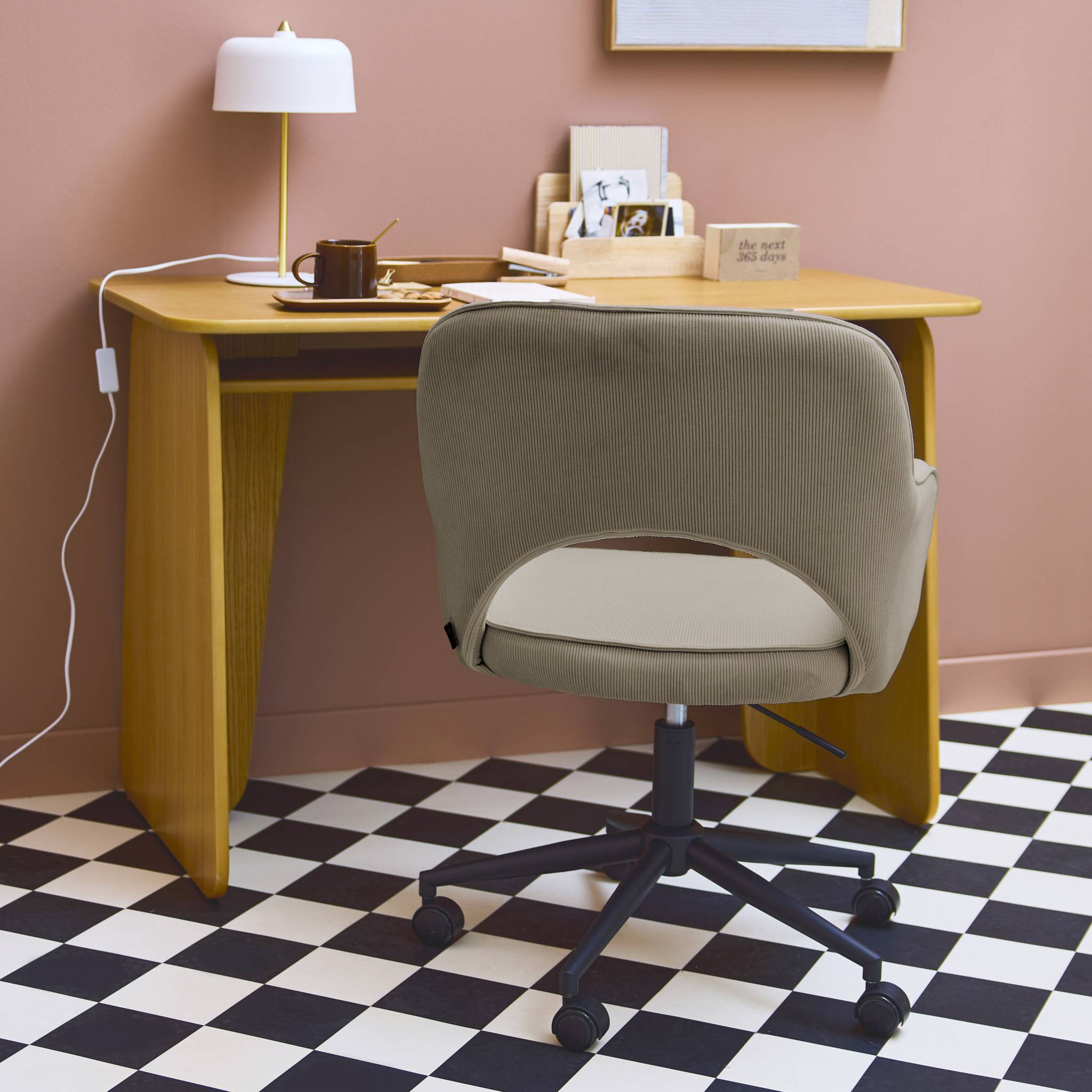 Chaise de bureau à roulettes velours côtelé beige L 60 x P 62 x H 89 / 99cm