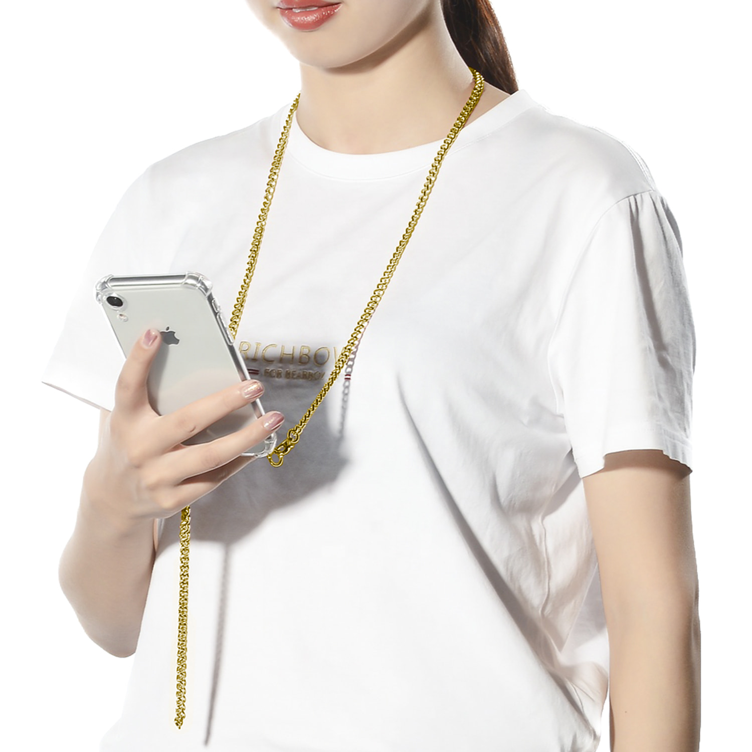 Cover trasparente per iPhone 11 Pro Max con ciondolo a catena in metallo. Accessorio moda, vestibilità perfetta e massima protezione