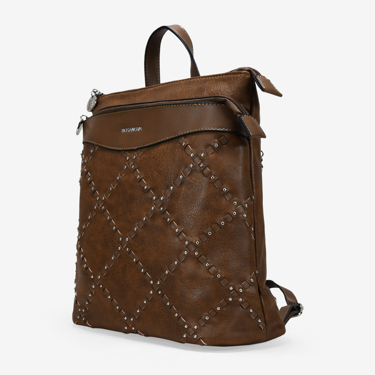 Mochila marrón con doble cremallera y tachas