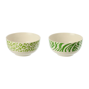 J-Line Bol Léopard + Zèbre - porcelaine - vert/blanc - small - set de 2