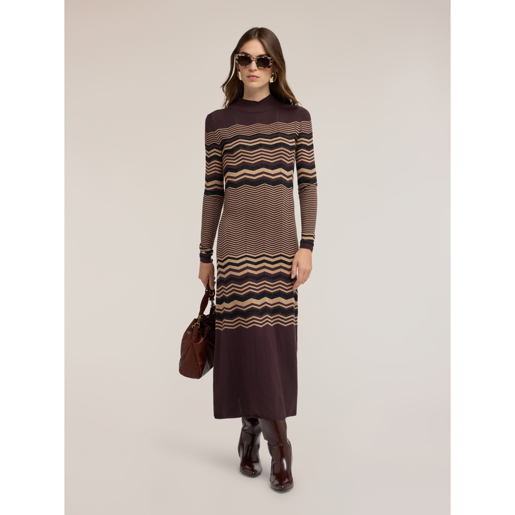 Motivi - Vestito jacquard in maglia lurex con motivo chevron - Marrone