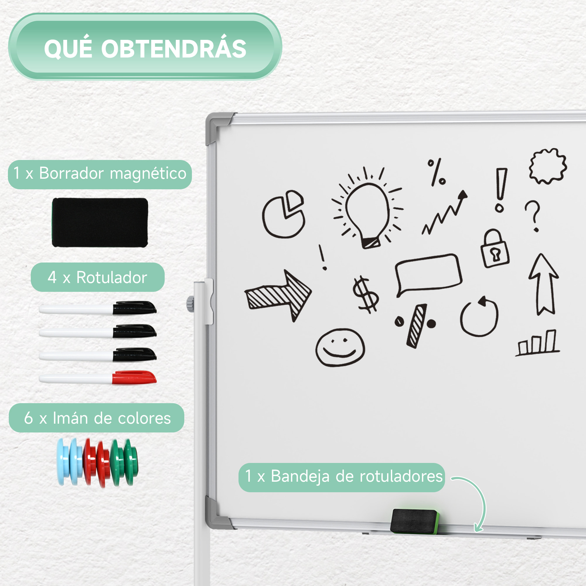 Pizarra Blanca Móvil de Doble Cara, 120x90 cm, Pizarra Blanca Magnética Giro de 360 °, con Soporte, Tablero Inclinado en 3 Niveles, Marco de Aluminio, Ruedas, Rotuladores, Imanes, Borrador