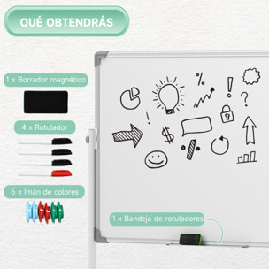 Pizarra Blanca Móvil de Doble Cara, 120x90 cm, Pizarra Blanca Magnética Giro de 360 °, con Soporte, Tablero Inclinado en 3 Niveles, Marco de Aluminio, Ruedas, Rotuladores, Imanes, Borrador