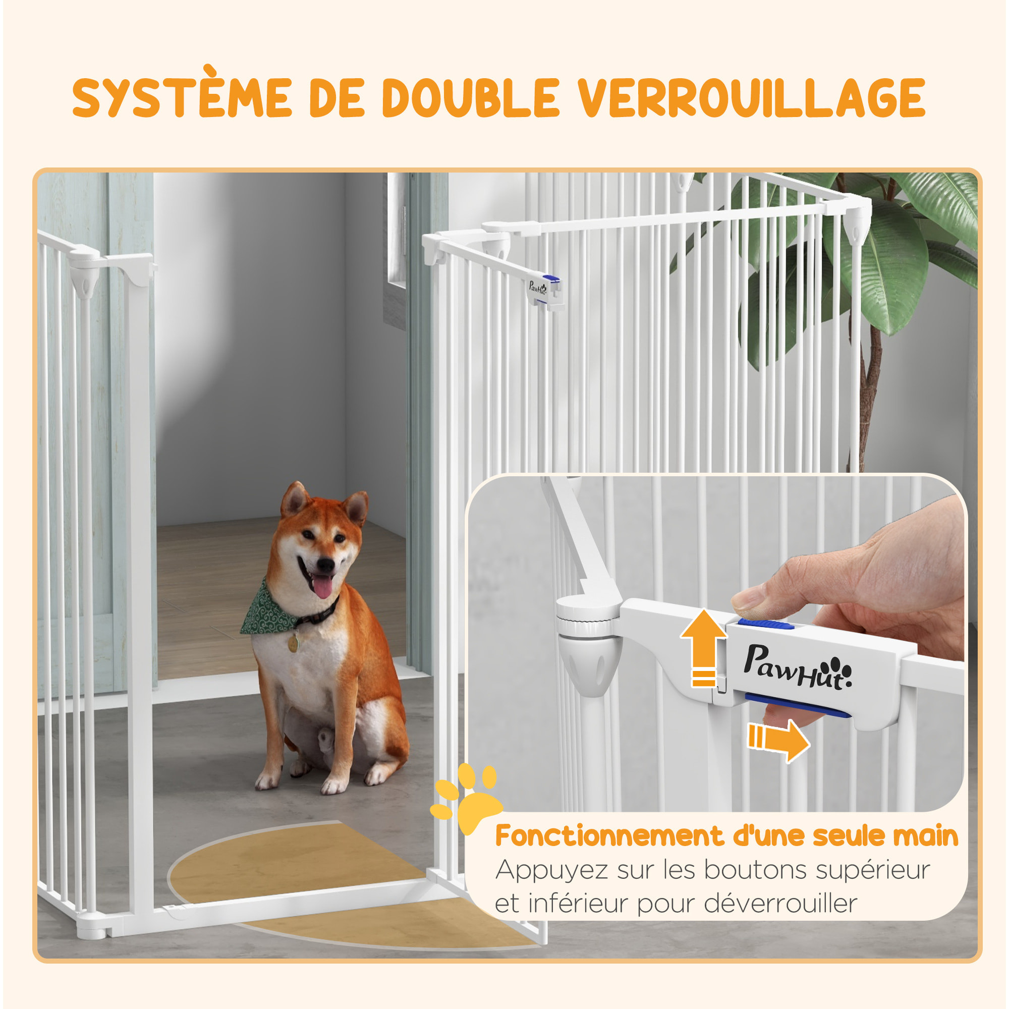 Barrière de sécurité parc enclos chien modulable pliable porte verrouillable intégrée 6 panneaux acier PP blanc