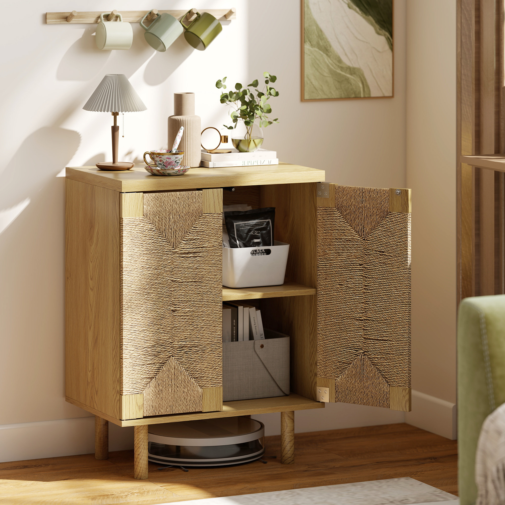 Aparador Bohemio de 2 Puertas con Cuerda Tejida a Mano, Aparador de Salón con Estante Ajustable, Apertura por Presión, Patas de Madera, Roble, 60x40x78 cm