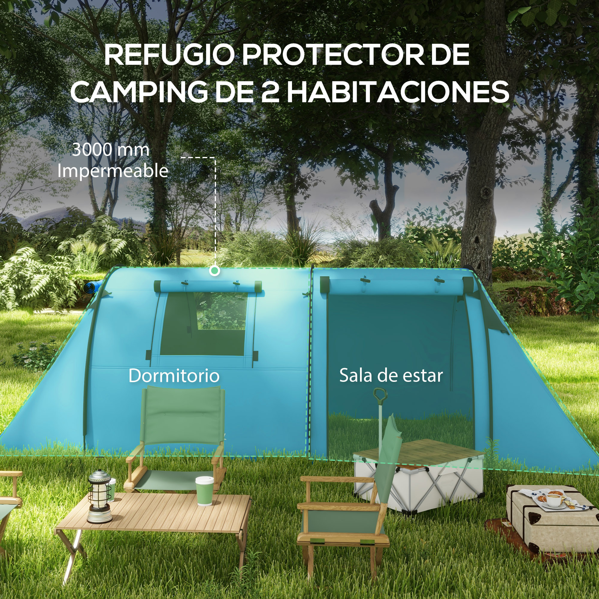 Tienda de Campaña Familiar para 3 Personas Tienda Camping Plegable Ligera con Puertas Ventallas Gancho Bolsa de Transporte Impermeable 3000 mm para Playa Senderismo 470x220x150cm Azul Celeste