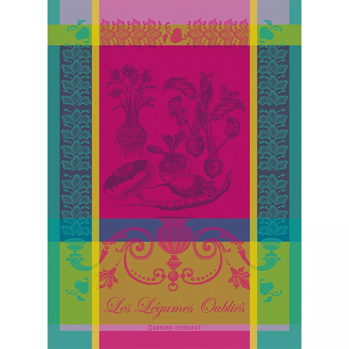 Torchon pur coton motif jacquard rose Legumes oublies fuchsia