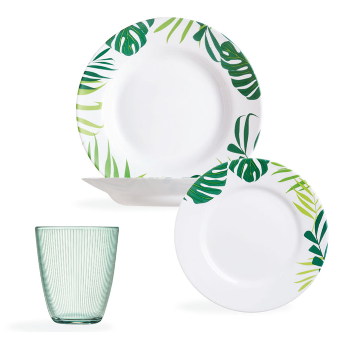 Service de table 12 pièces décorées Jungle fever et 6 verres à eau Stripy vert 31 cl - Luminarc - Opale extra résistant