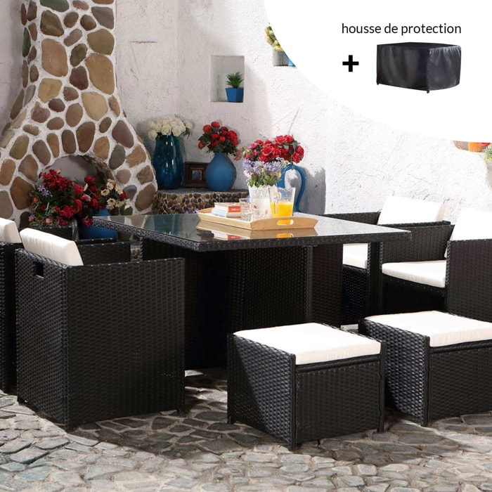 Salon de jardin 8 places noir-blanc + housse de protection REGINA