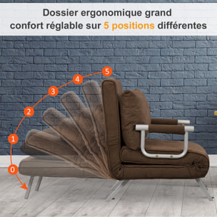 Fauteuil chauffeuse canapé-lit convertible 1 place déhoussable grand confort coussin pieds accoudoirs métal suède marron