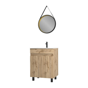 Pack Meuble SDB 60cm sur pieds 2 portes Chene_Vasque blanche + Miroir Barber - TIMBER 60_Pack22