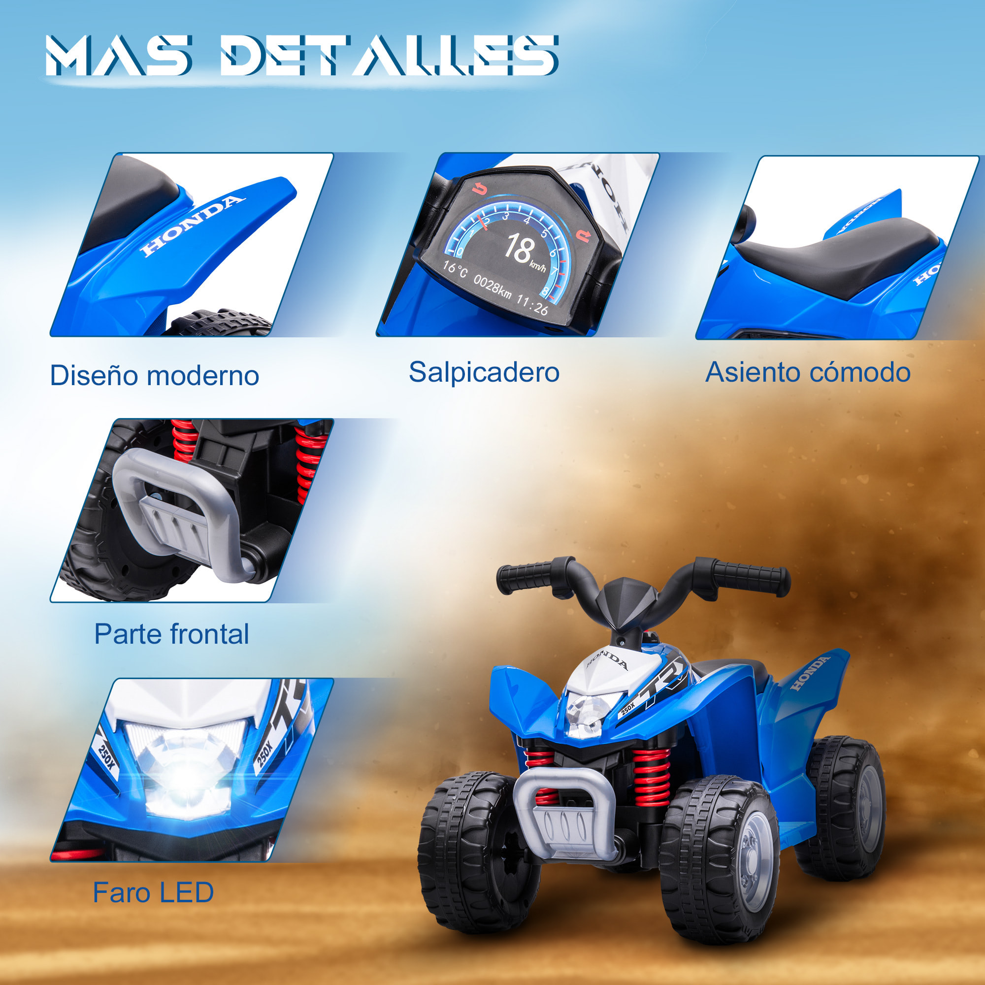 Quad Eléctrico HONDA para Niños 18-36 Meses con Faros LED 65,5x38,5x43,5cm Azul
