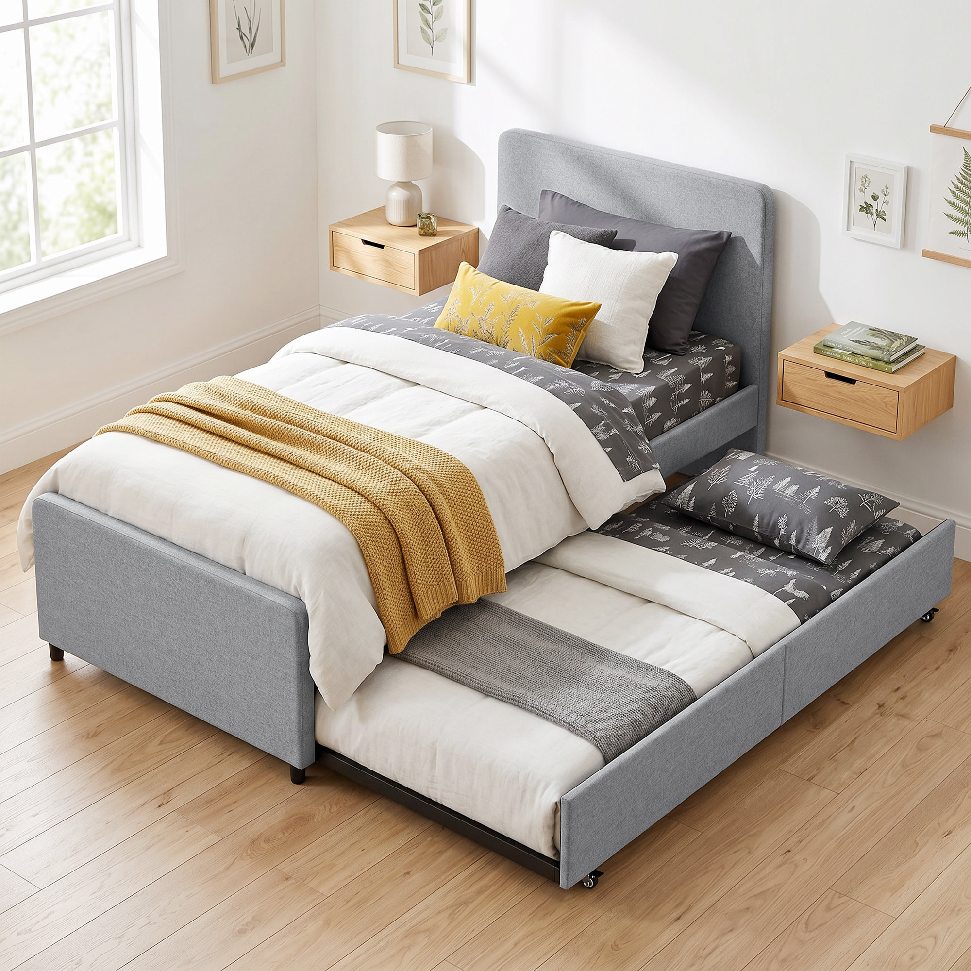 Cama Nido Individual, 90x190 cm, Estructura de Cama Tapizada en Lino con Cabecero y Piecero, Listones de Madera, Sin Colchón, Gris Claro