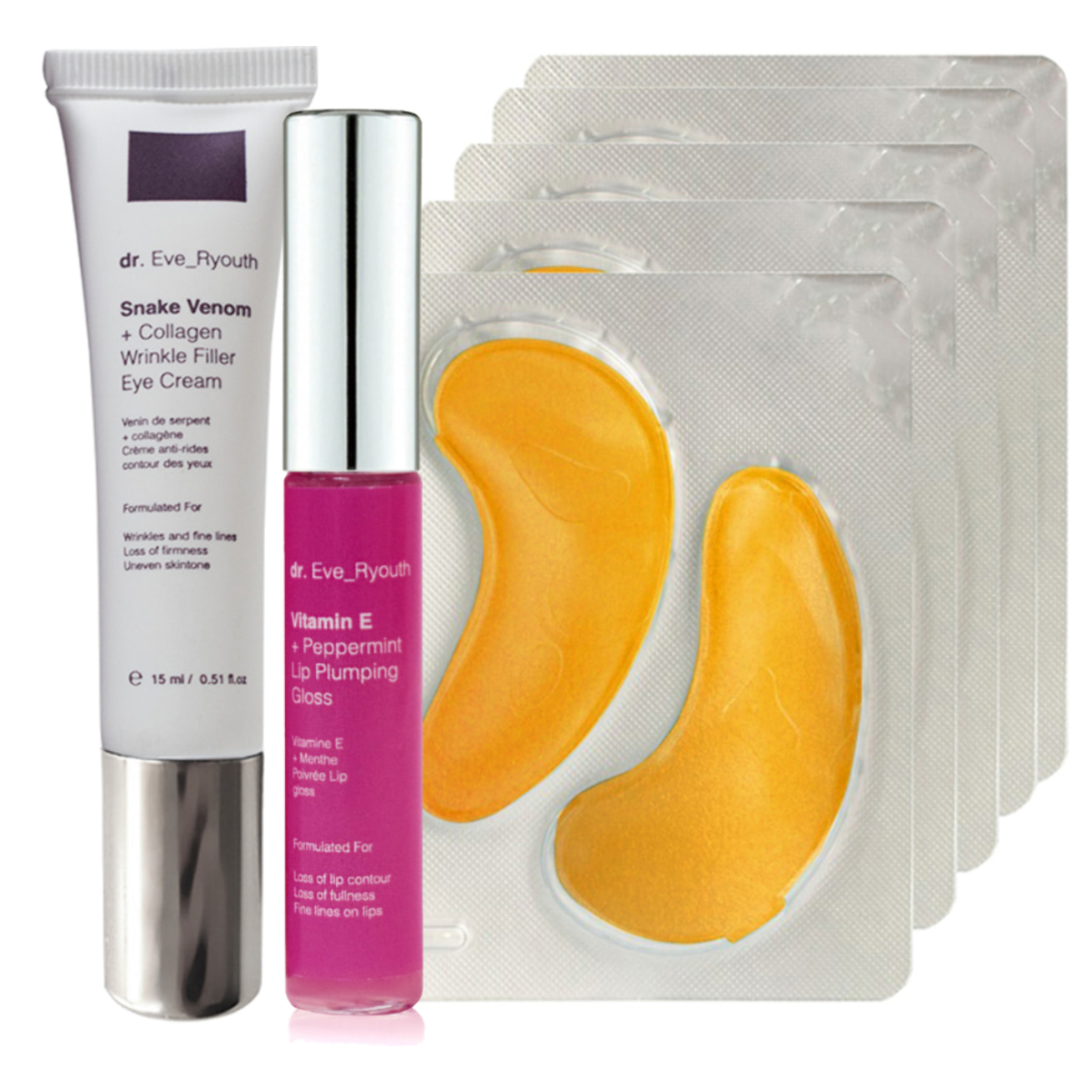 Oro 24K + Almohadillas Hidratantes Antioxidantes + Vitamina E y Menta Rellenadores Labiales 8ml + Veneno de Serpiente + Colágeno Rellenador de Arrugas Crema Contorno de Ojos 15