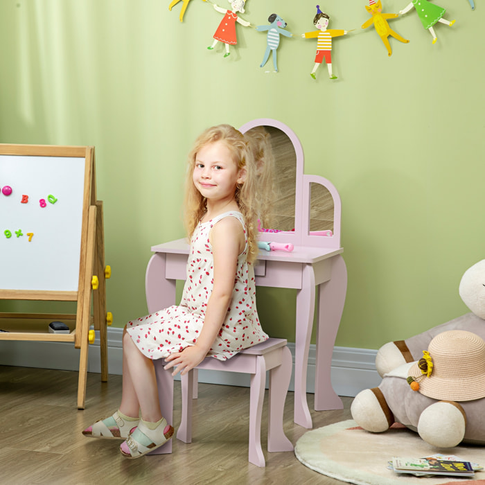 Coiffeuse enfant design girly - tabouret inclus - dim. 52L x 32l x 85H cm - tiroir, 3 miroirs - MDF bois de pin - rose poudré