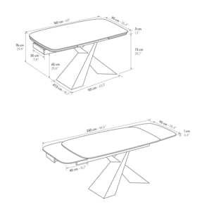 Tavolo FIGARI in vetroceramica bianco arabesco con gambe a X in metallo bronzo, allungabile 160x90 cm - 240x90 cm
